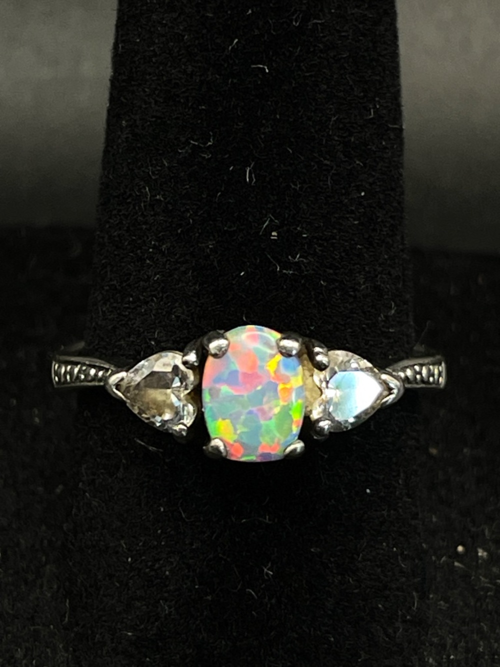 Vintage Opal and CZ Rhinestone 925 Sterling Ring Size 7 1/4